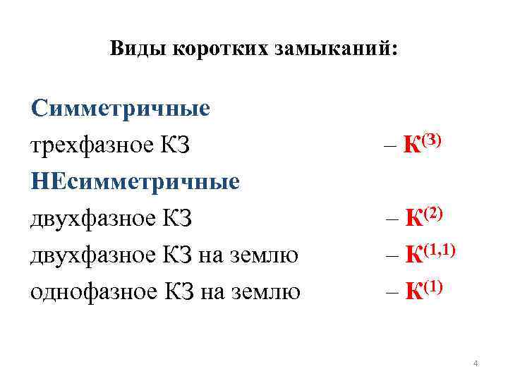 Виды коротких замыканий: Симметричные трехфазное КЗ НЕсимметричные двухфазное КЗ на землю однофазное КЗ на