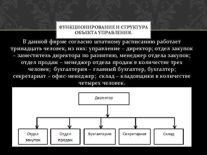 ФУНКЦИОНИРОВАНИЕ И СТРУКТУРА ОБЪЕКТА УПРАВЛЕНИЯ. В данной фирме согласно штатному расписанию работает тринадцать человек,
