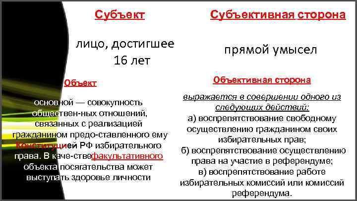 Субъект лицо, достигшее 16 лет Объект основной — совокупность обществен ных отношений, связанных с