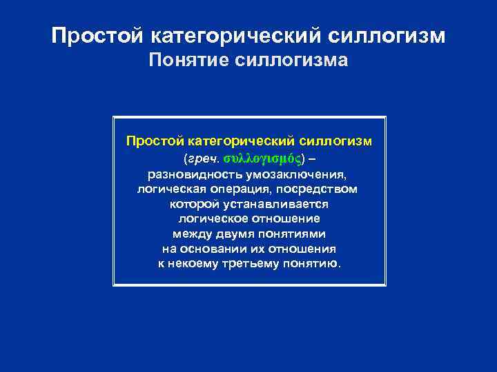 Простой категорический силлогизм Понятие силлогизма Простой категорический силлогизм (греч. συλλογισμός) – разновидность умозаключения, логическая