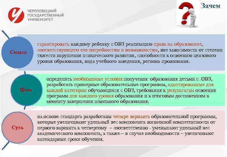 Зачем Смысл Цель Суть гарантировать каждому ребенку с ОВЗ реализацию права на образование, соответствующего