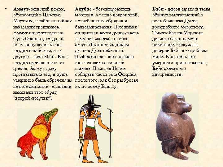  • Аммут- женский демон, обитающий в Царстве Мертвых, и заботившийся о наказании грешников.