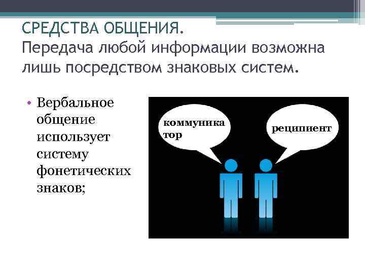 СРЕДСТВА ОБЩЕНИЯ. Передача любой информации возможна лишь посредством знаковых систем. • Вербальное общение использует