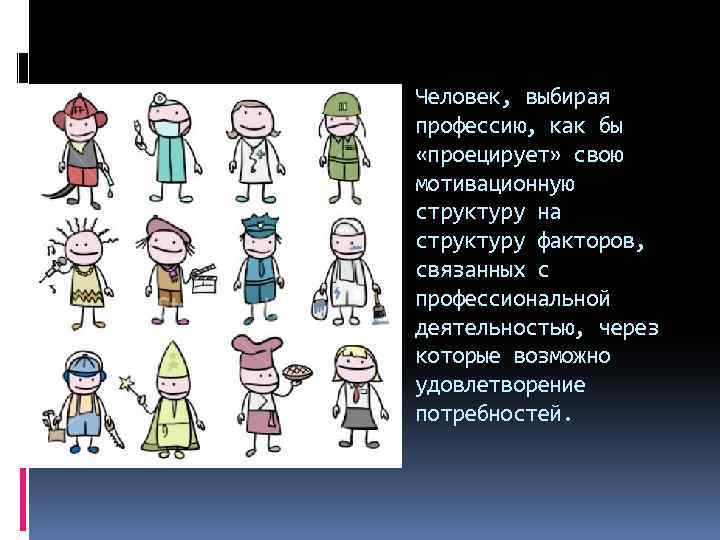 Человек, выбирая профессию, как бы «проецирует» свою мотивационную структуру на структуру факторов, связанных с