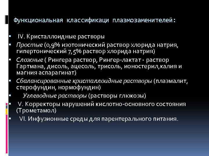 Функциональная классификаци плазмозаменителей: IV. Кристаллоидные растворы Простые (0, 9% изотонический раствор хлорида натрия, гипертонический