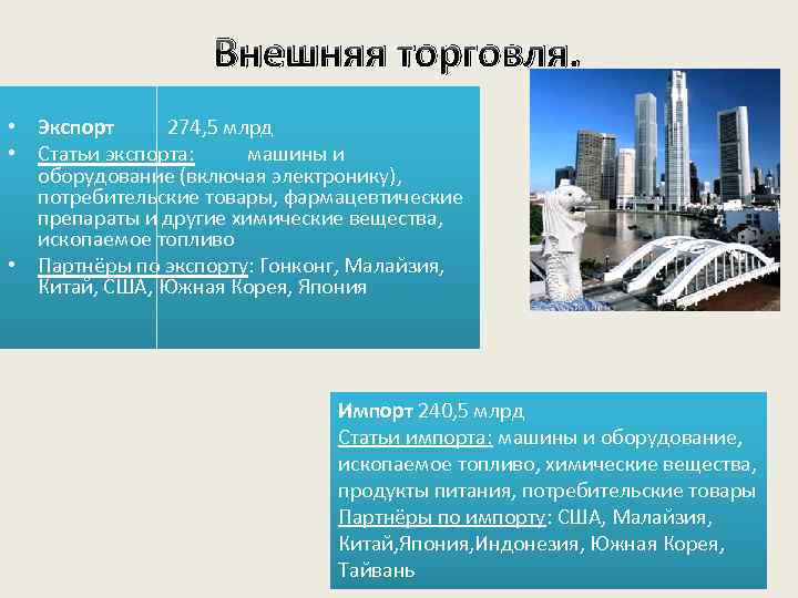 Внешняя торговля. • Экспорт 274, 5 млрд • Статьи экспорта: машины и оборудование (включая