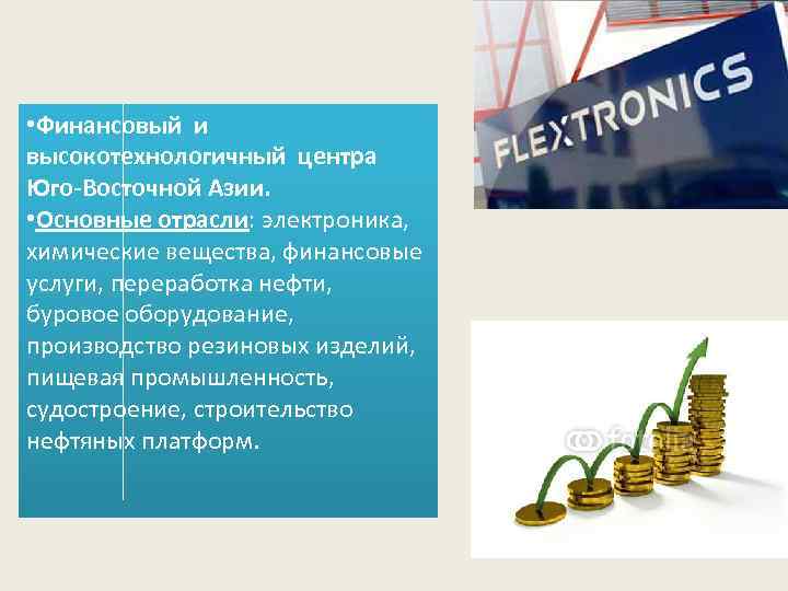  • Финансовый и высокотехнологичный центра Юго-Восточной Азии. • Основные отрасли: электроника, химические вещества,