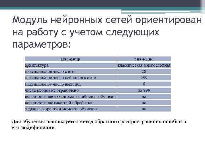 Модуль нейронных сетей ориентирован на работу с учетом следующих параметров: Для обучения используется метод