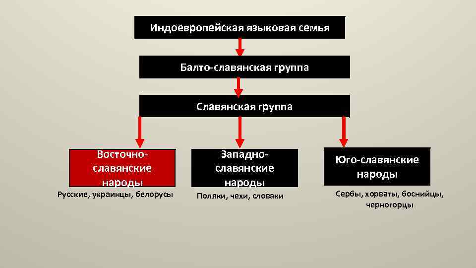 Индоевропейская языковая семья Балто-славянская группа Славянская группа Восточнославянские народы Русские, украинцы, белорусы Западнославянские народы