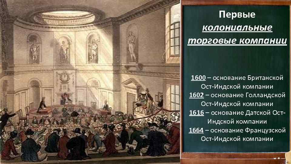 Первые колониальные торговые компании 1600 – основание Британской Ост-Индской компании 1602 – основание Голландской