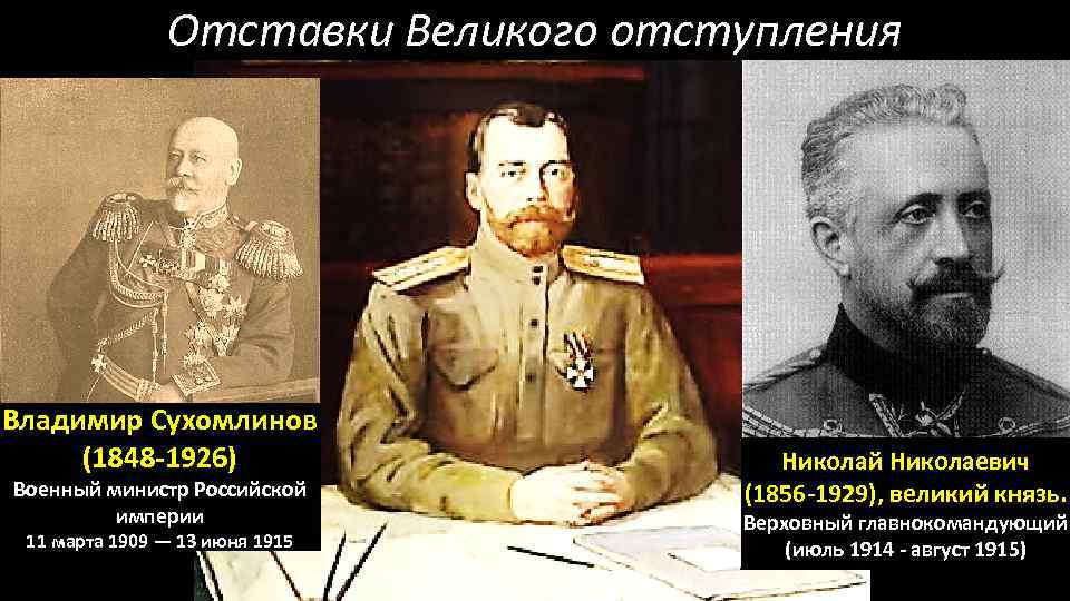 Отставки Великого отступления Владимир Сухомлинов (1848 -1926) Военный министр Российской империи 11 марта 1909