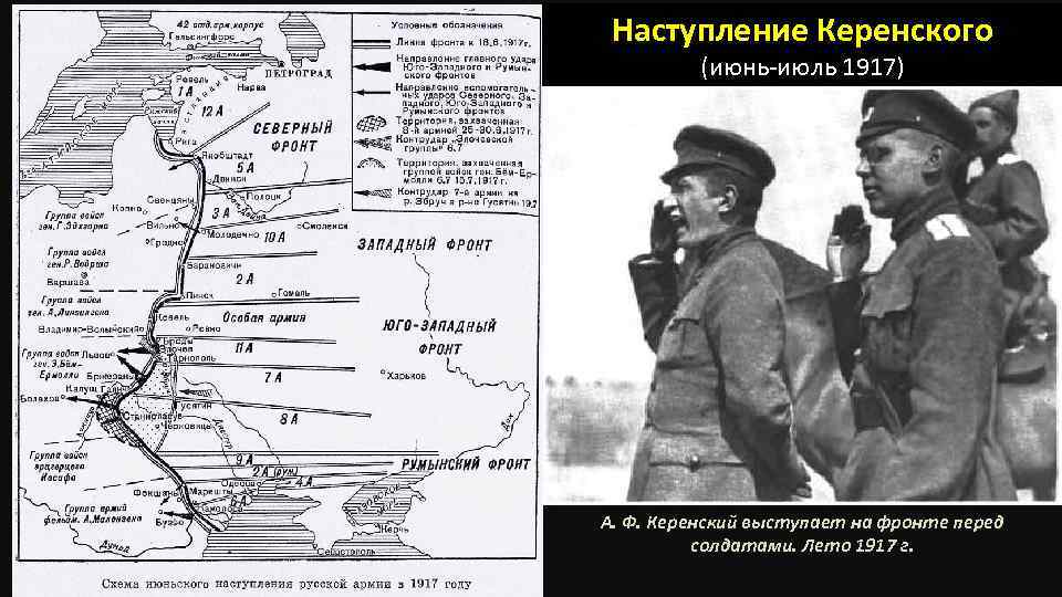 Наступление Керенского (июнь-июль 1917) А. Ф. Керенский выступает на фронте перед солдатами. Лето 1917