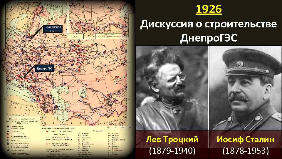 1926 Волховская ГЭС Дискуссия о строительстве Днепро. ГЭС Лев Троцкий (1879 -1940) Иосиф Сталин