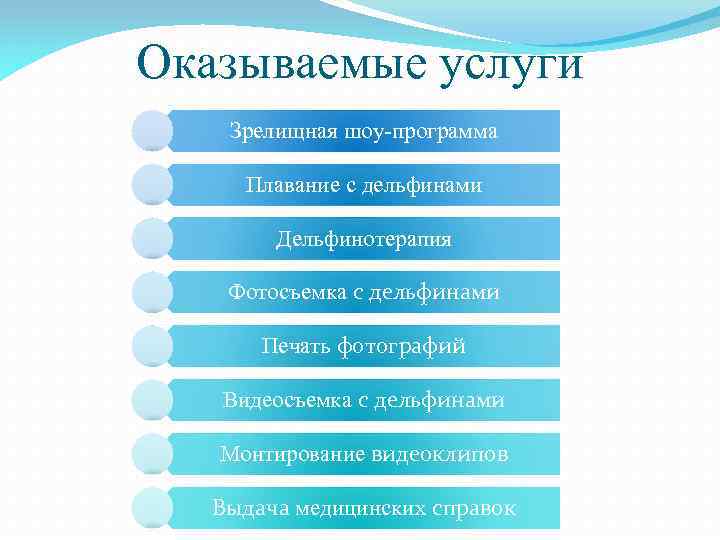 Оказываемые услуги Зрелищная шоу-программа Плавание с дельфинами Дельфинотерапия Фотосъемка с дельфинами Печать фотографий Видеосъемка