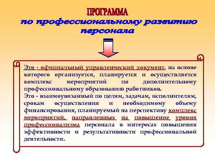 Это - официальный управленческий документ, на основе которого организуется, планируется и осуществляется комплекс мероприятий