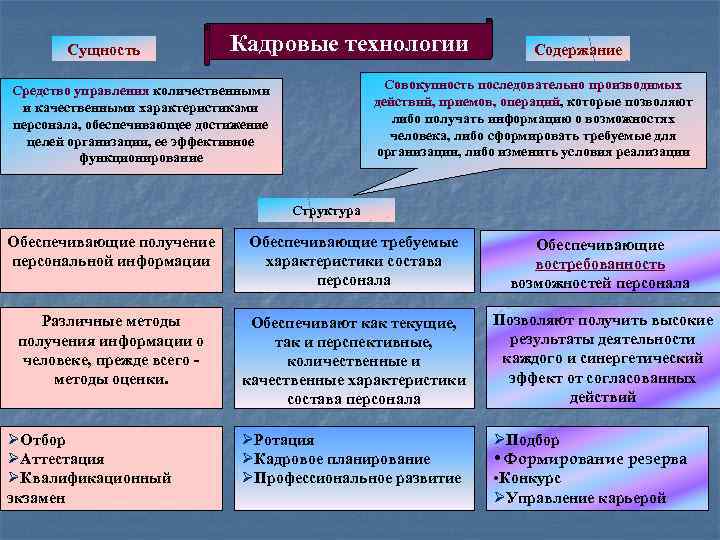 Совокупность приемов деятельности. Кадровая политика государственной службы. Кадровая политика и кадровые технологии. Структура кадровых технологий. Кадровые технологии на государственной службе.