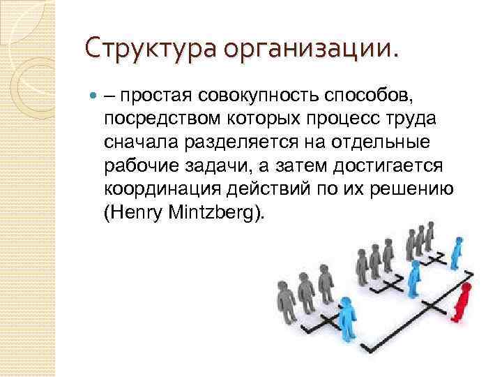 Структура организации. – простая совокупность способов, посредством которых процесс труда сначала разделяется на отдельные