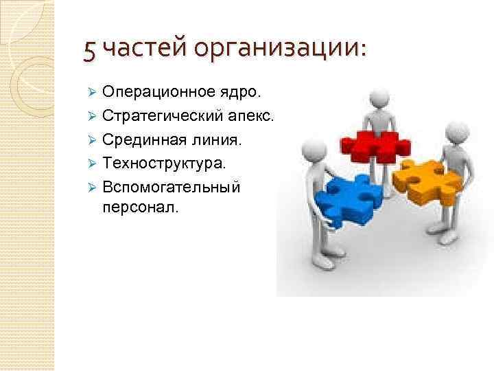 5 частей организации: Операционное ядро. Ø Стратегический апекс. Ø Срединная линия. Ø Техноструктура. Ø