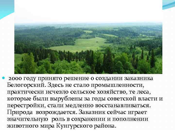  2000 году принято решение о создании заказника Белогорский. Здесь не стало промышленности, практически