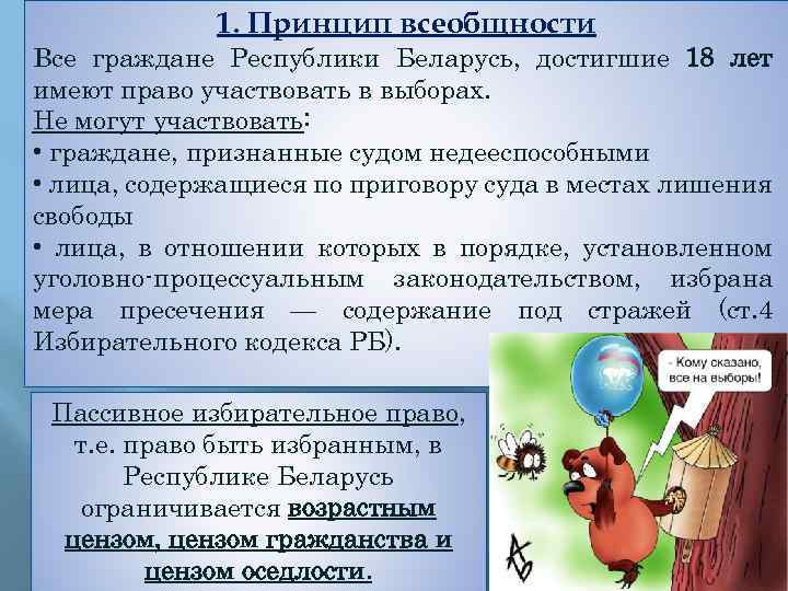 1. Принцип всеобщности Все граждане Республики Беларусь, достигшие 18 лет имеют право участвовать в