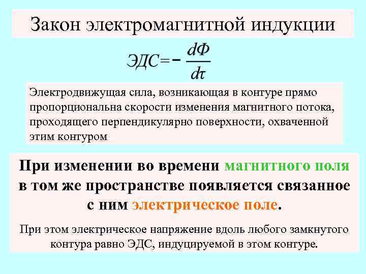 Закон электромагнитной индукции Электродвижущая сила, возникающая в контуре прямо пропорциональна скорости изменения магнитного потока,