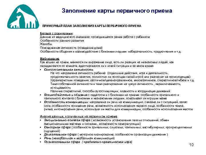 Заполнение карты первичного приема ППРИМЕРНЫЙ ПЛАН ЗАПОЛНЕНИЯ КАРТЫ ПЕРВИЧНОГО ПРИЕМА Беседа с родителями: Данные
