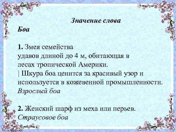 Значение слова Боа 1. Змея семейства удавов длиной до 4 м, обитающая в лесах