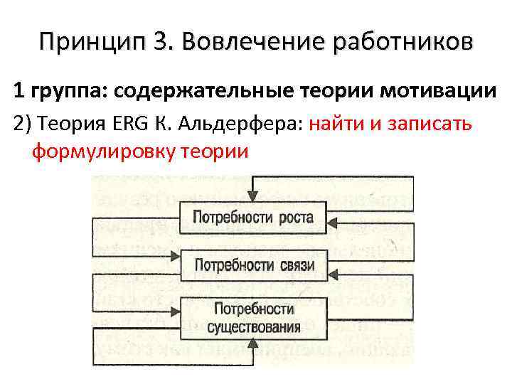 Принцип 3. Вовлечение работников 1 группа: содержательные теории мотивации 2) Теория ERG К. Альдерфера: