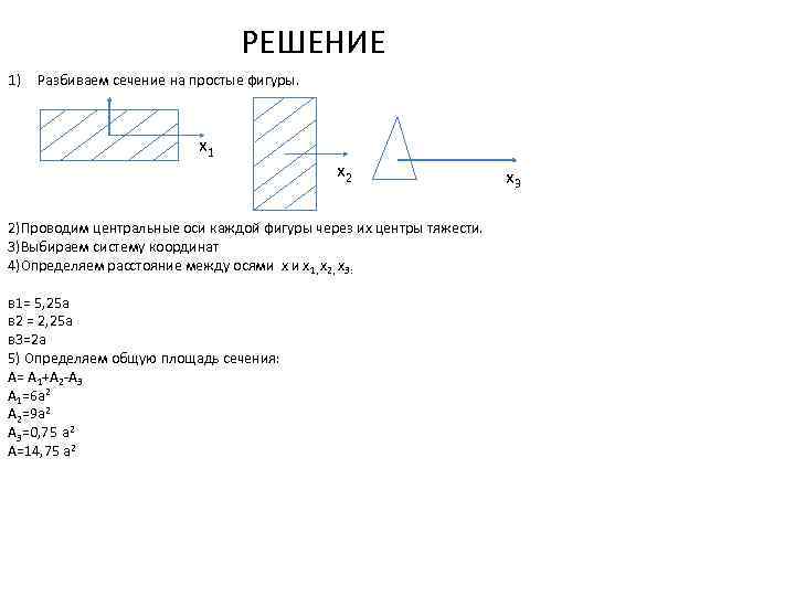 РЕШЕНИЕ 1) Разбиваем сечение на простые фигуры. x 1 x 2 2)Проводим центральные оси