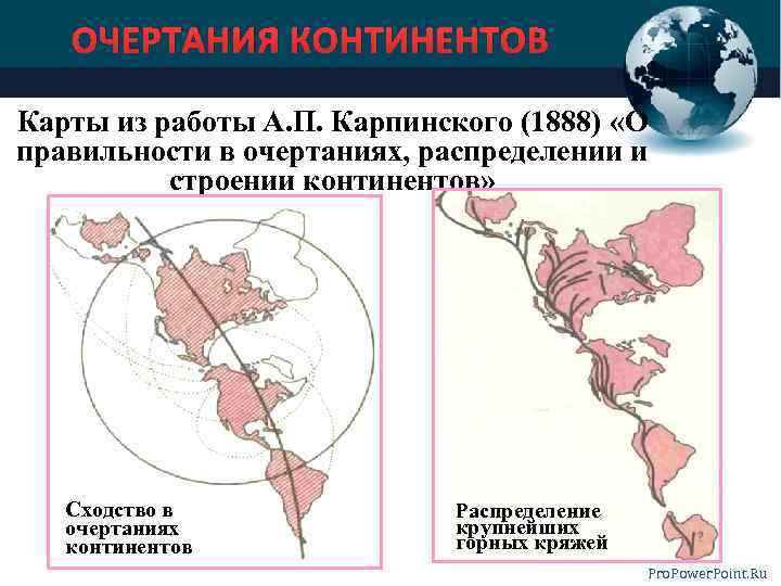 ОЧЕРТАНИЯ КОНТИНЕНТОВ Карты из работы А. П. Карпинского (1888) «О правильности в очертаниях, распределении