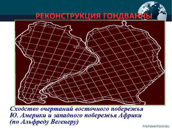 РЕКОНСТРУКЦИЯ ГОНДВАННЫ Сходство очертаний восточного побережья Ю. Америки и западного побережья Африки (по Альфреду