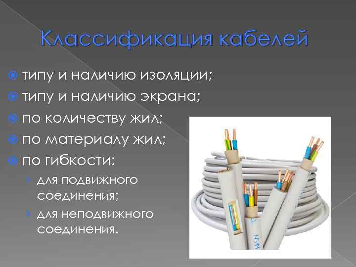 Классификация кабелей типу и наличию изоляции; типу и наличию экрана; по количеству жил; по