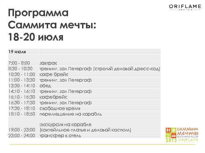 Программа Саммита мечты: 18 -20 июля 19 июля 7: 00 - 8: 00 8: