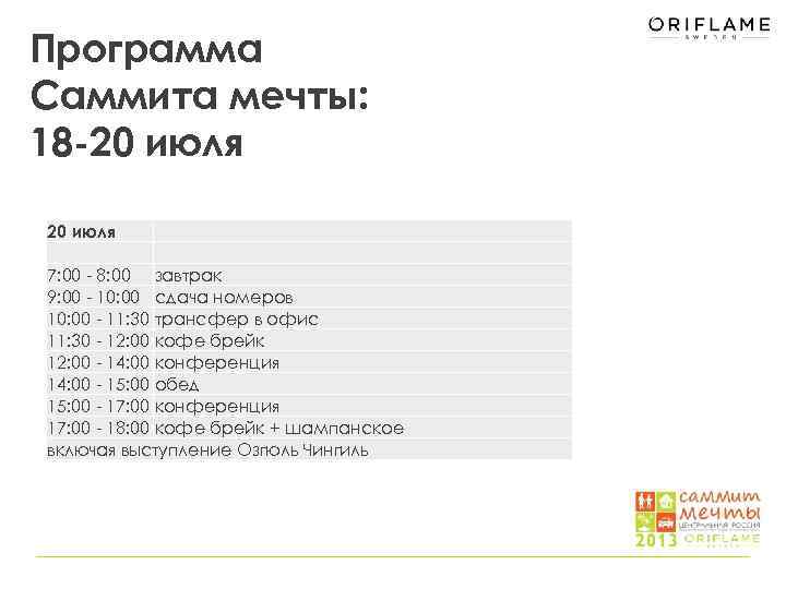 Программа Саммита мечты: 18 -20 июля 7: 00 - 8: 00 завтрак 9: 00
