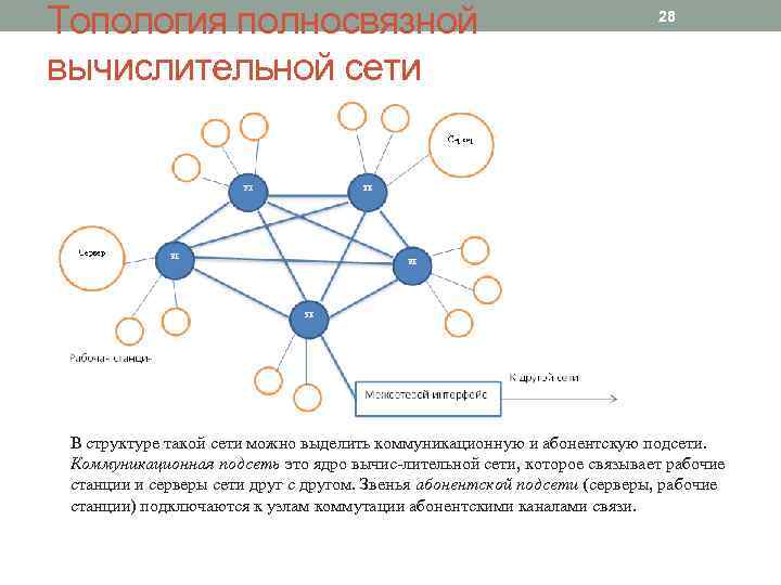 Топология полносвязной вычислительной сети 28 В структуре такой сети можно выделить коммуникационную и абонентскую