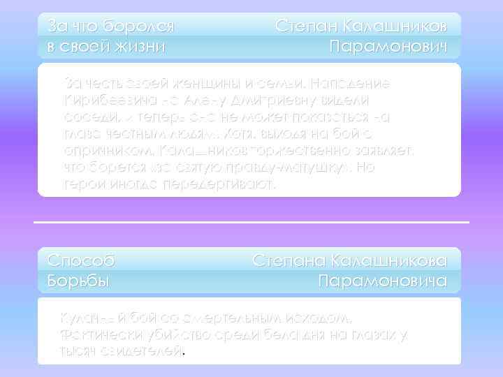 За что боролся в своей жизни Степан Калашников Парамонович За честь своей женщины и