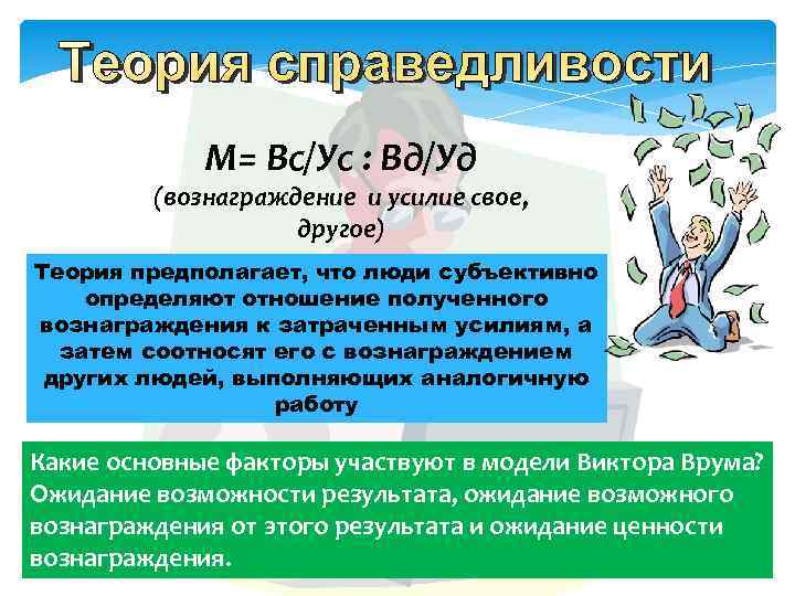 M= Вс/Ус : Вд/Уд (вознаграждение и усилие свое, другое) Теория предполагает, что люди субъективно