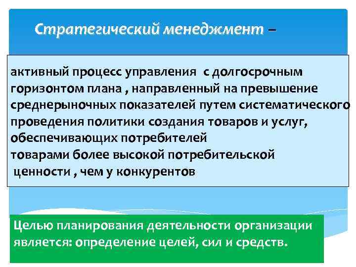  Стратегический менеджмент – активный процесс управления с долгосрочным горизонтом плана , направленный на