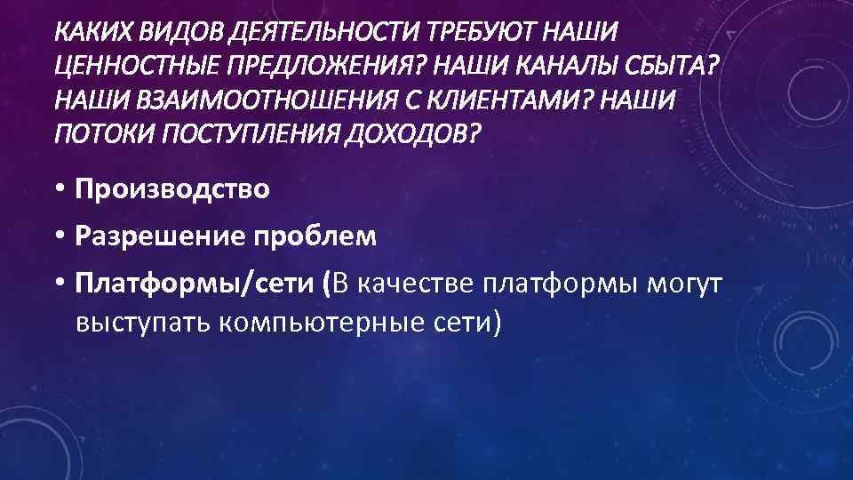 КАКИХ ВИДОВ ДЕЯТЕЛЬНОСТИ ТРЕБУЮТ НАШИ ЦЕННОСТНЫЕ ПРЕДЛОЖЕНИЯ? НАШИ КАНАЛЫ СБЫТА? НАШИ ВЗАИМООТНОШЕНИЯ С КЛИЕНТАМИ?