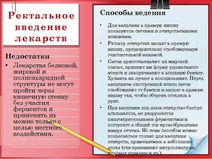 Ректальное введение лекарств Недостатки • Лекарства белковой, жировой и полисахаридной структуры не могут пройти