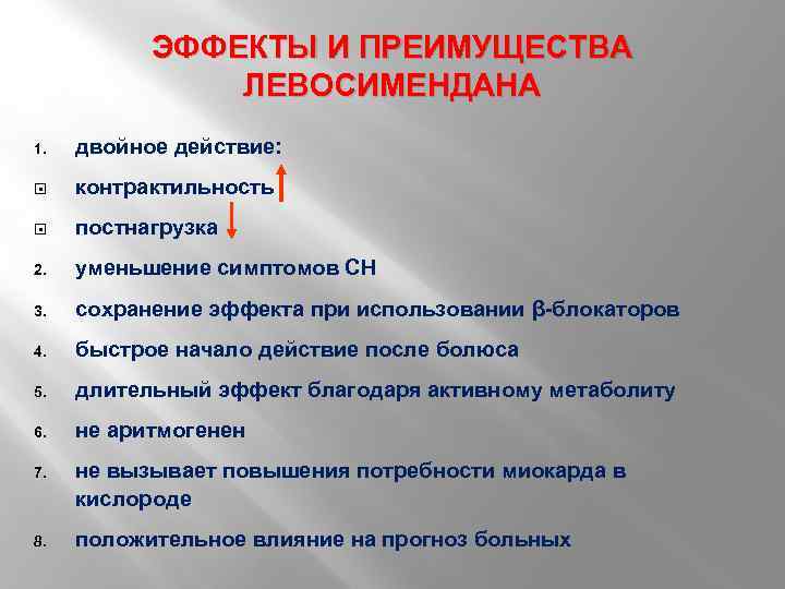 ЭФФЕКТЫ И ПРЕИМУЩЕСТВА ЛЕВОСИМЕНДАНА 1. двойное действие: контрактильность постнагрузка 2. уменьшение симптомов СН 3.