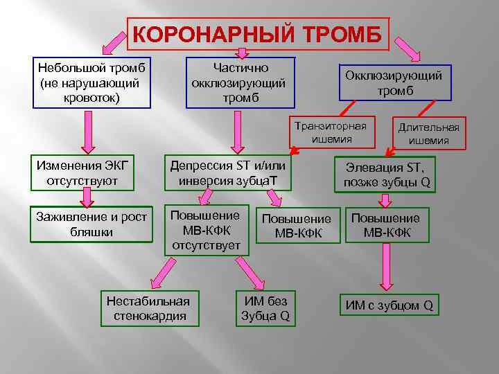 КОРОНАРНЫЙ ТРОМБ Небольшой тромб (не нарушающий кровоток) Частично окклюзирующий тромб Окклюзирующий тромб Транзиторная ишемия