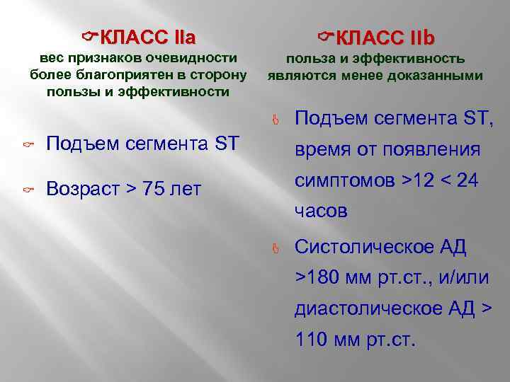 КЛАСС IIа КЛАСС IIb вес признаков очевидности более благоприятен в сторону пользы и