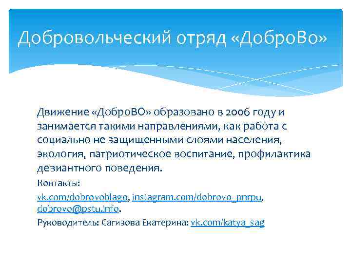 Добровольческий отряд «Добро. Во» Движение «Добро. ВО» образовано в 2006 году и занимается такими