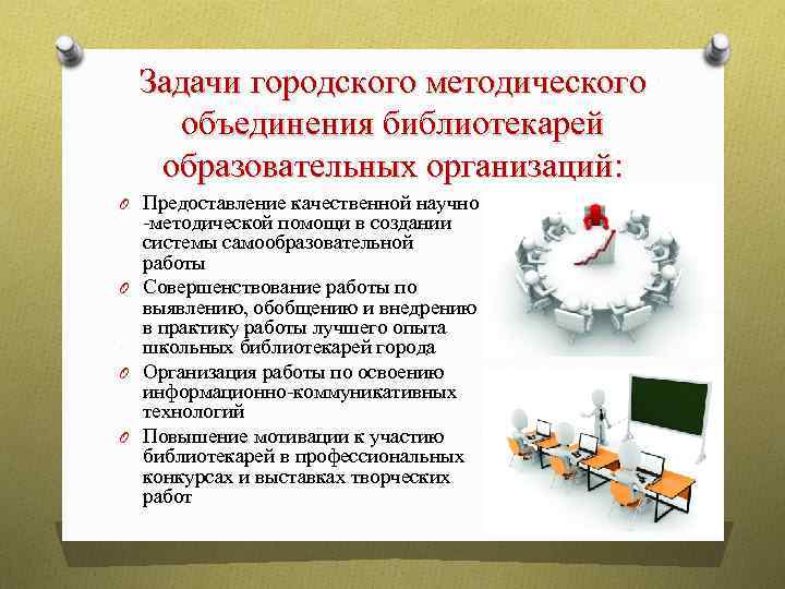 Задачи городского методического объединения библиотекарей образовательных организаций: O Предоставление качественной научно -методической помощи в