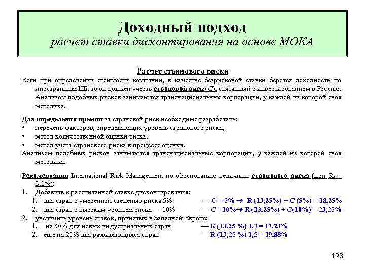 Доходный подход расчет ставки дисконтирования на основе МОКА Расчет странового риска Если при определении