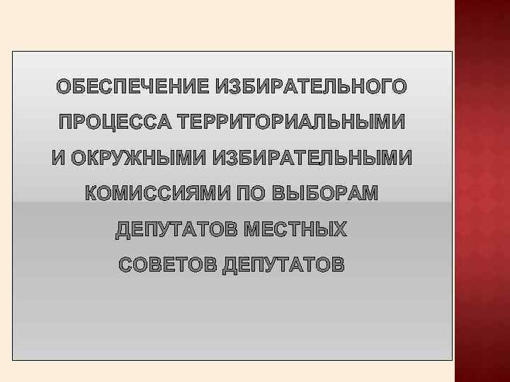 ОБЕСПЕЧЕНИЕ ИЗБИРАТЕЛЬНОГО ПРОЦЕССА ТЕРРИТОРИАЛЬНЫМИ И ОКРУЖНЫМИ ИЗБИРАТЕЛЬНЫМИ КОМИССИЯМИ ПО ВЫБОРАМ ДЕПУТАТОВ МЕСТНЫХ СОВЕТОВ ДЕПУТАТОВ