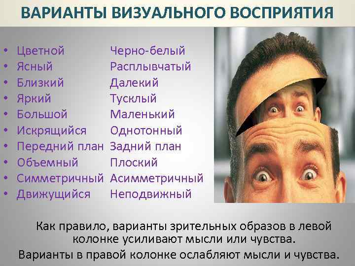 ВАРИАНТЫ ВИЗУАЛЬНОГО ВОСПРИЯТИЯ • • • Цветной Ясный Близкий Яркий Большой Искрящийся Передний план