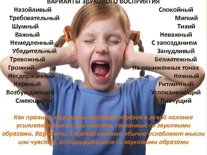ВАРИАНТЫ ЗВУКОВОГО ВОСПРИЯТИЯ Назойливый Спокойный Требовательный Мягкий Шумный Тихий Важный Неважный Немедленный С запозданием