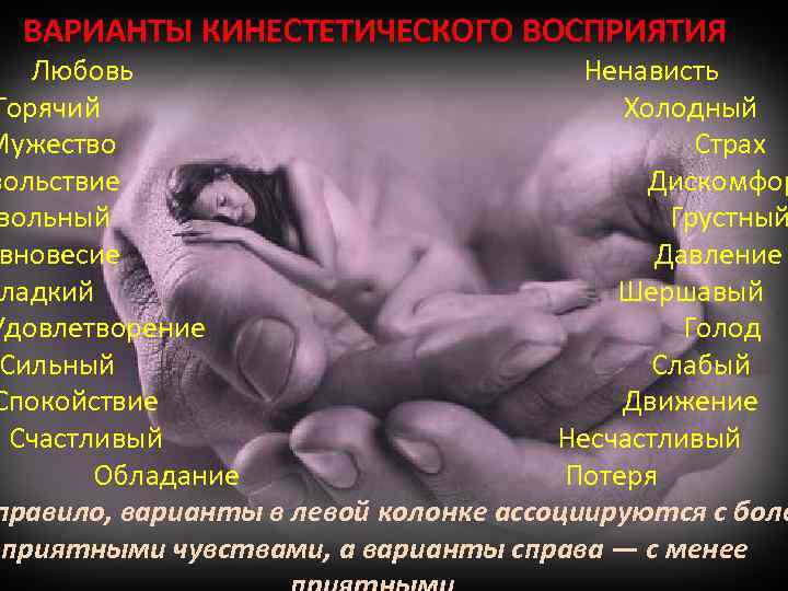 ВАРИАНТЫ КИНЕСТЕТИЧЕСКОГО ВОСПРИЯТИЯ Любовь Ненависть Горячий Холодный Мужество Страх вольствие Дискомфор вольный Грустный вновесие